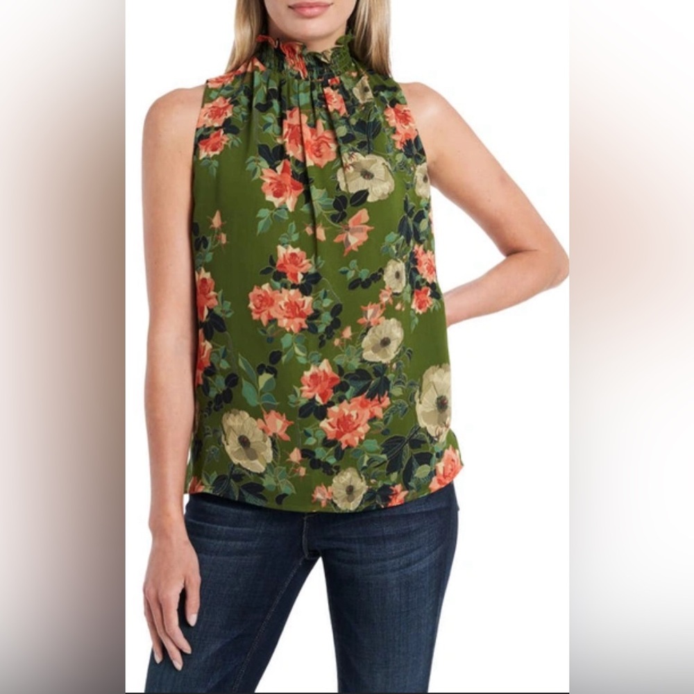 Vince Camuto Guilded Floral Ruffle Sleeveless Top